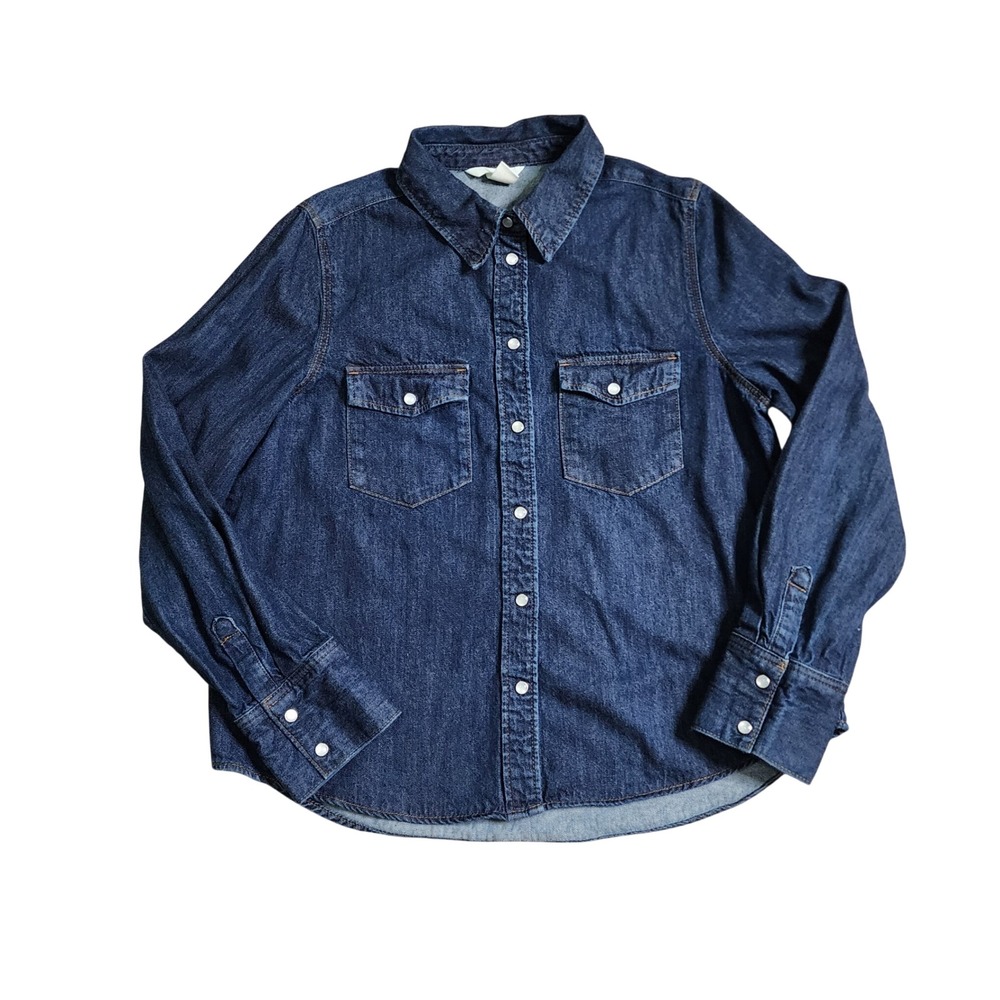 H&M Womens Dark Wash Denim Western Snap Button Down Shirt Size M Cotton